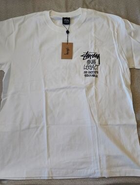 Stussy White Tee with Black Script Pocket Graphic